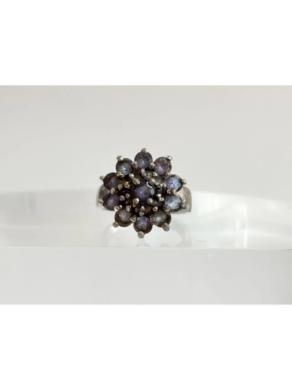 Tanzanite Cluster Gemstone Tapered Shank Sterling Silver 925 Vintage Ring - sz 7
